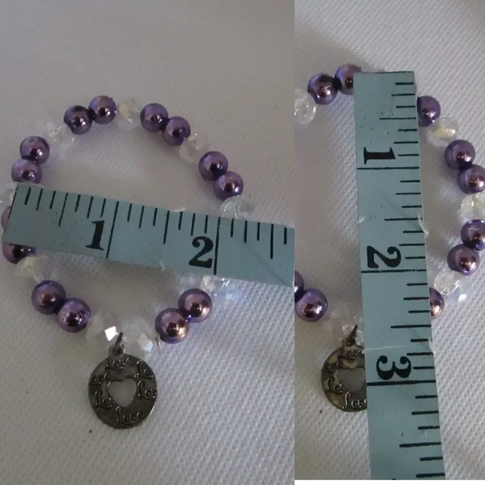 Purple Mom Charm Bracelet Set of 3 Beaded Faux Pearl Crystal Stretch Jewelry